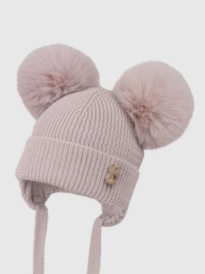 Strikket lue med bamse og to dusker